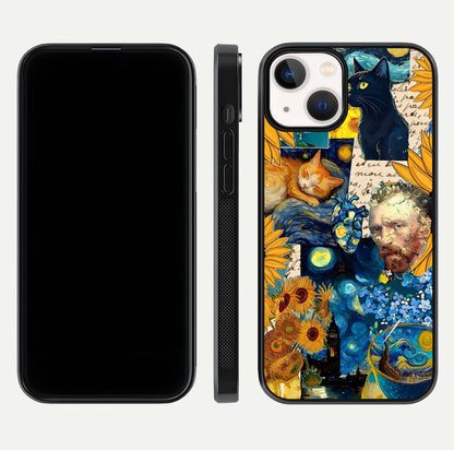 Sunflower Cat Art Glass Case for iPhone 13 Mini front & back layout showing detailed floral cat design and edges