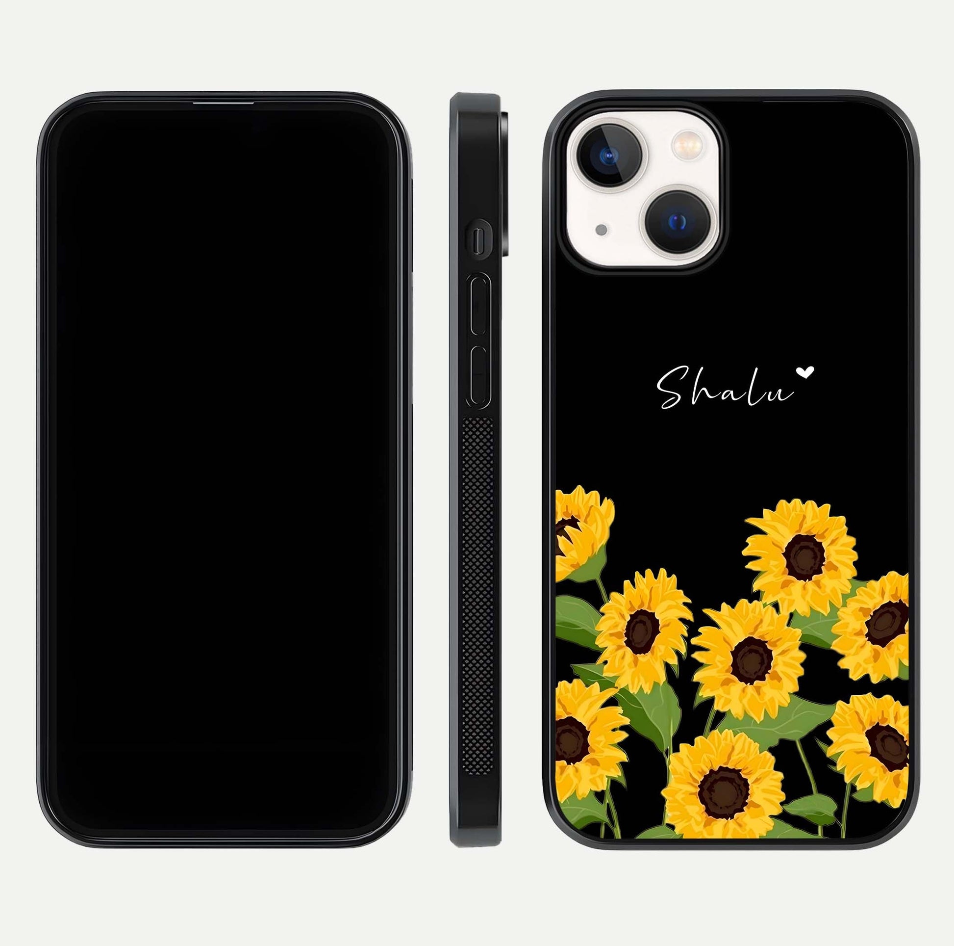Sunflower Chic Mood Custom Name Glass Case for iPhone 13 Mini front & back layout highlighting custom text zone and shine
