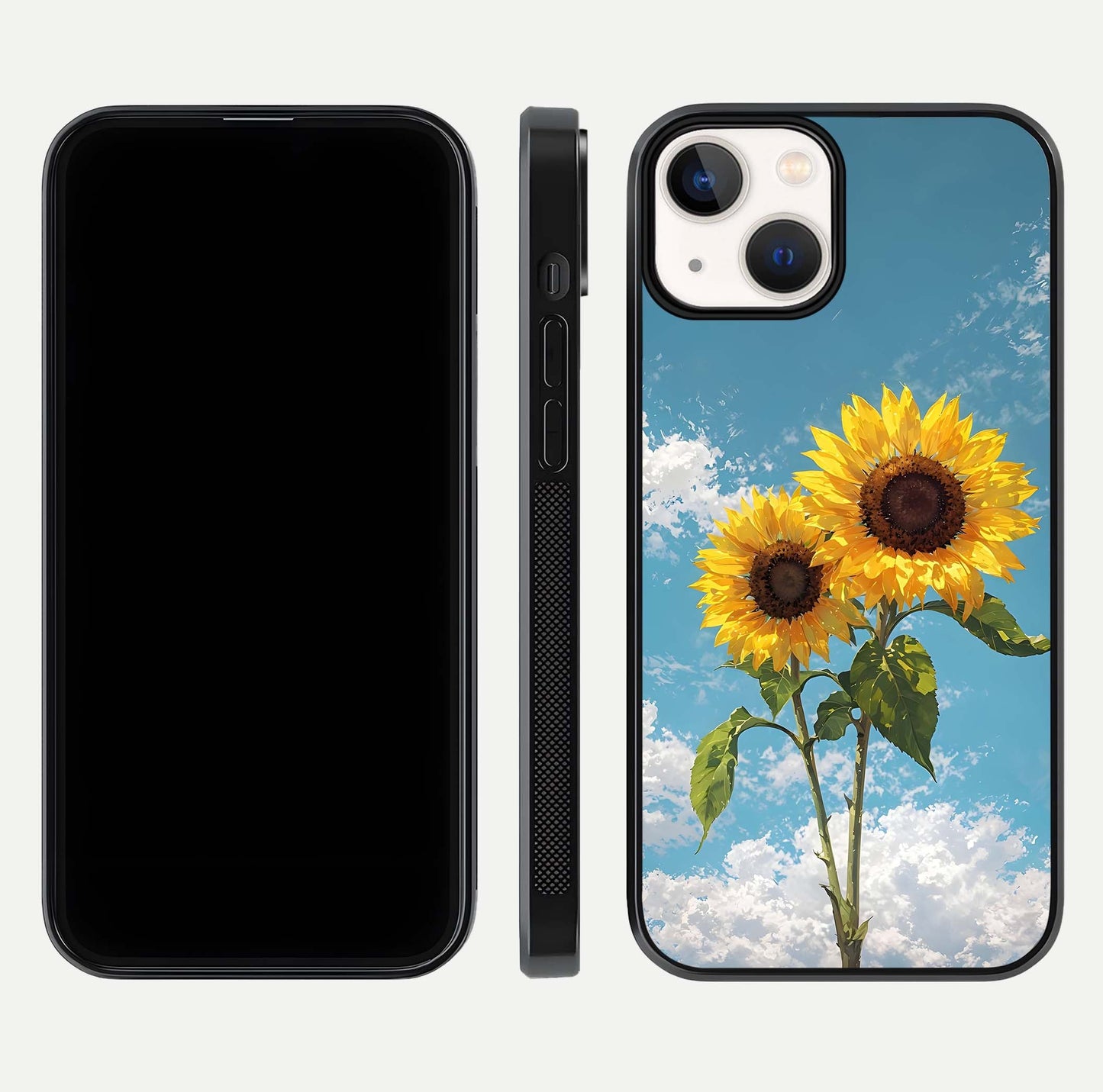Sunflower Sky Bloom Glass Case for iPhone 13 Mini front & back layout showing soft blue tones and flower contrast