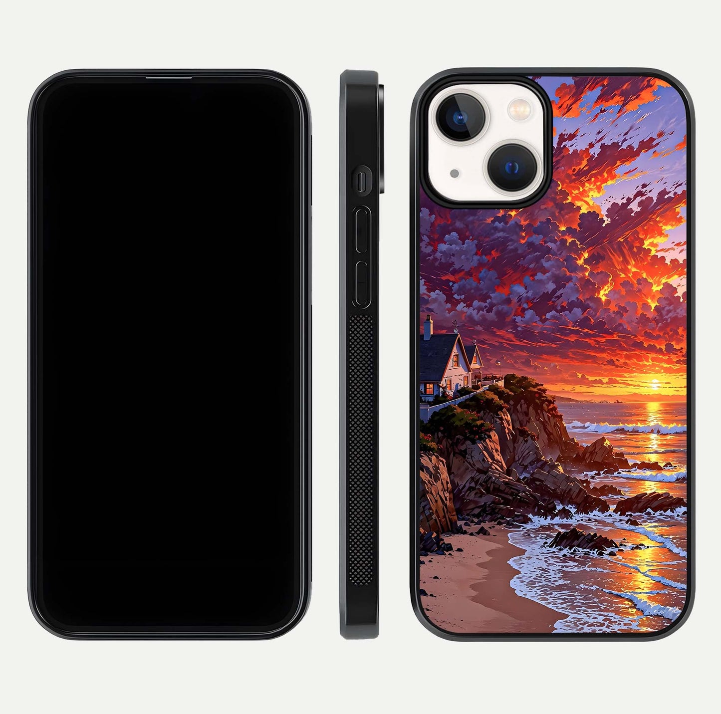Sunset House by Sea Glass Case for iPhone 13 Mini front & back layout showing scenic gradient and curved edge