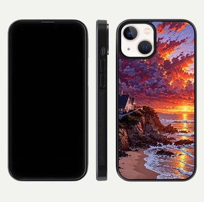 Sunset House by Sea Glass Case for iPhone 13 Mini front & back layout showing scenic gradient and curved edge
