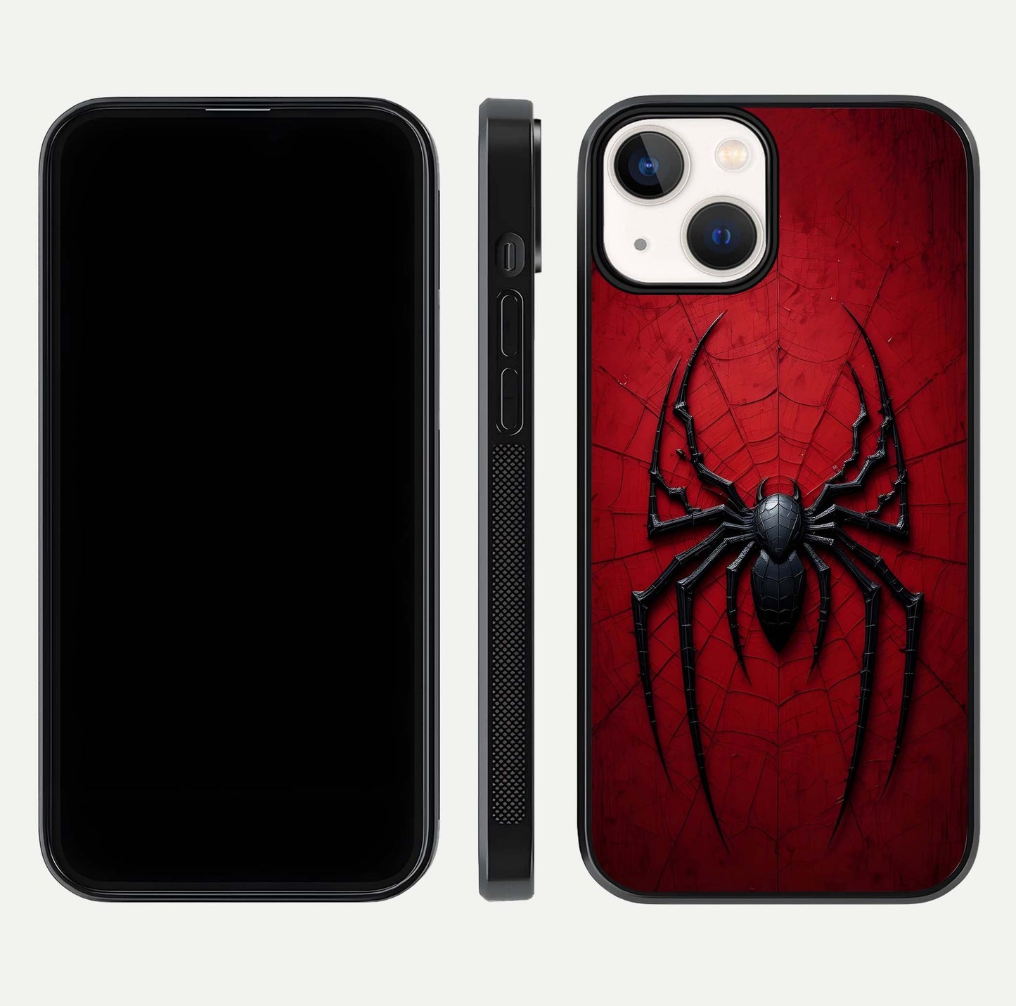 Venom Web Emblem Glass Case for iPhone 13 Mini front & back layout showing contrast art and curved glass edges