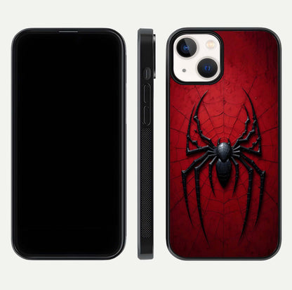 Venom Web Emblem Glass Case for iPhone 13 Mini front & back layout showing contrast art and curved glass edges