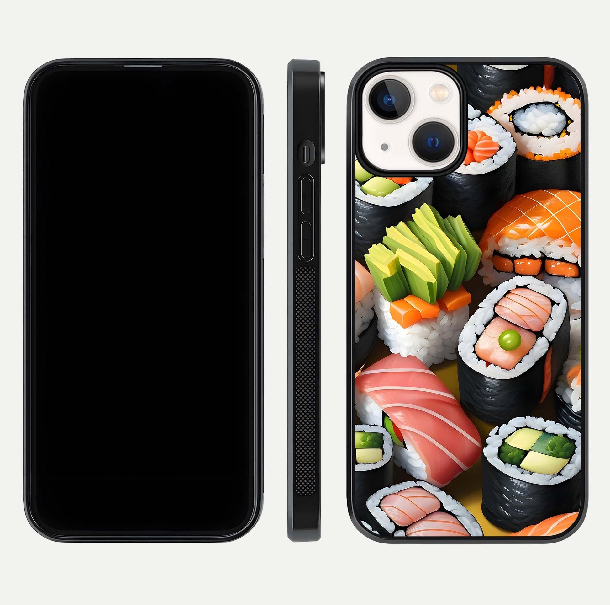 Sushi Food Pattern Glass Case for iPhone 13 Mini front & back layout showing playful food theme and clear edges
