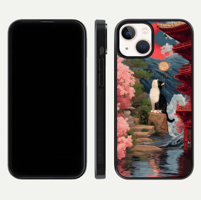 Temple Cat Scenery Glass Case for iPhone 13 Mini front & back layout showing scenic print and edge design