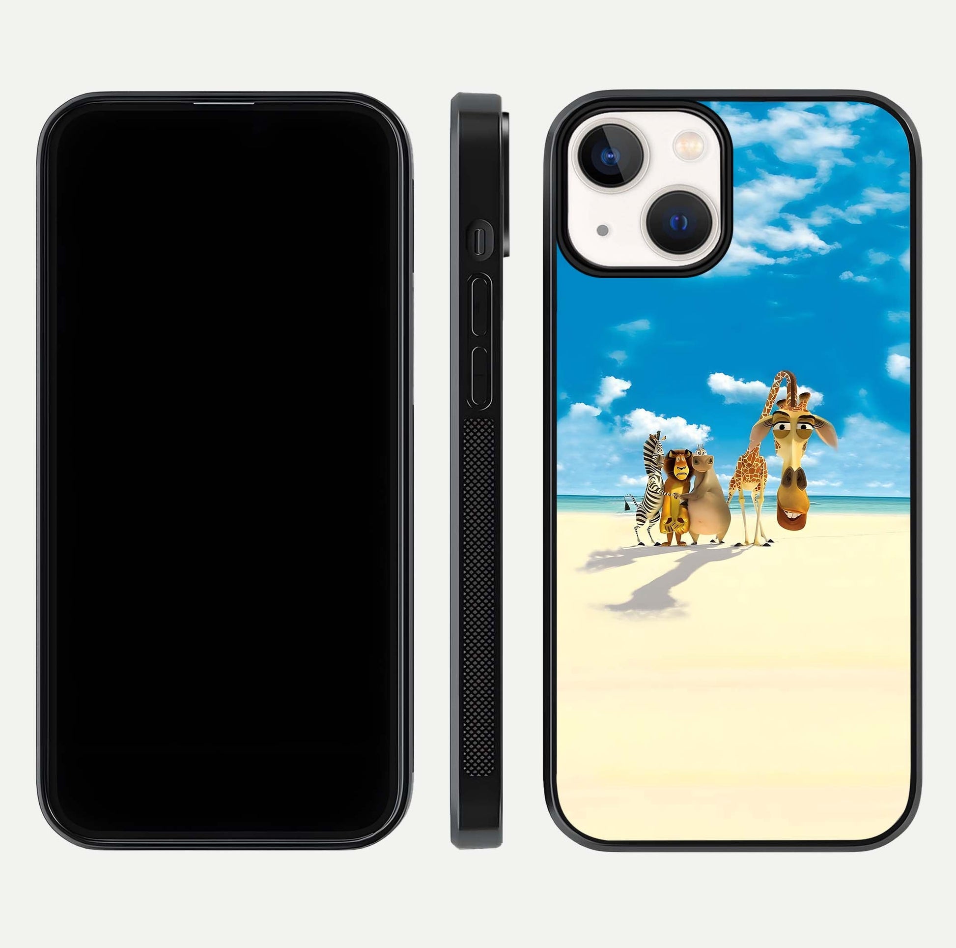 Tropical Fun Squad Glass Case for iPhone 13 Mini front & back layout showing fun pattern and smooth edges