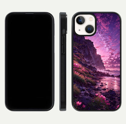 Twilight Blossom Coast Glass Case for iPhone 13 Mini front & back layout showing floral tones and curved edge