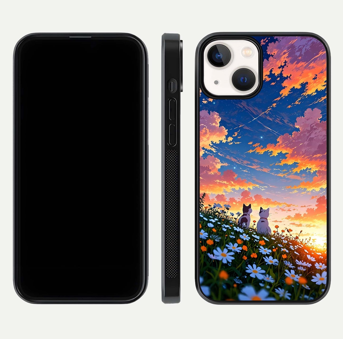 Two Cats Friends Glass Case for iPhone 13 Mini front & back layout showing friendly cat theme and edge design