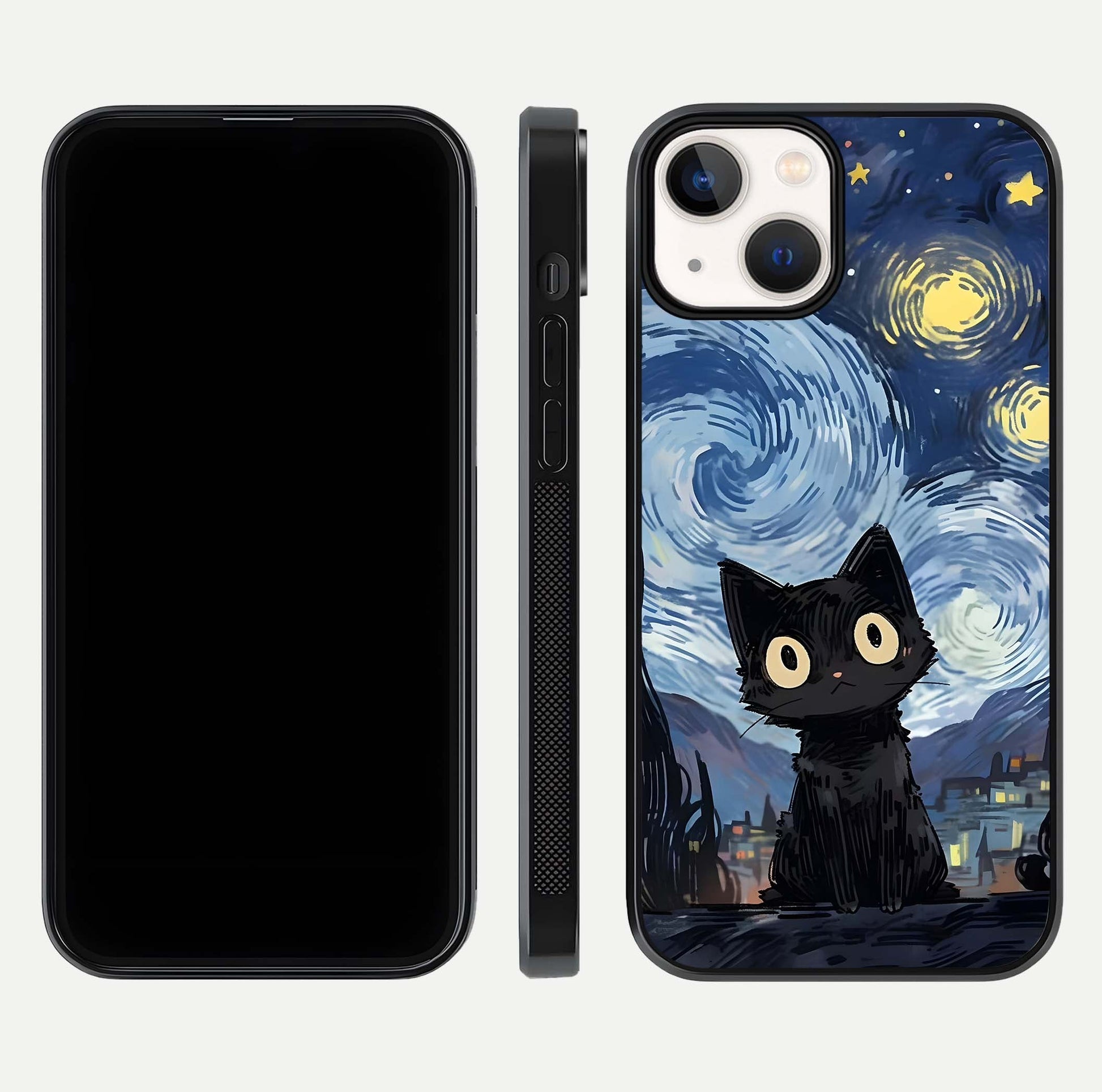 Van Gogh Cat Glass Case for iPhone 13 Mini front & back layout showing detailed art print and curved glass edges
