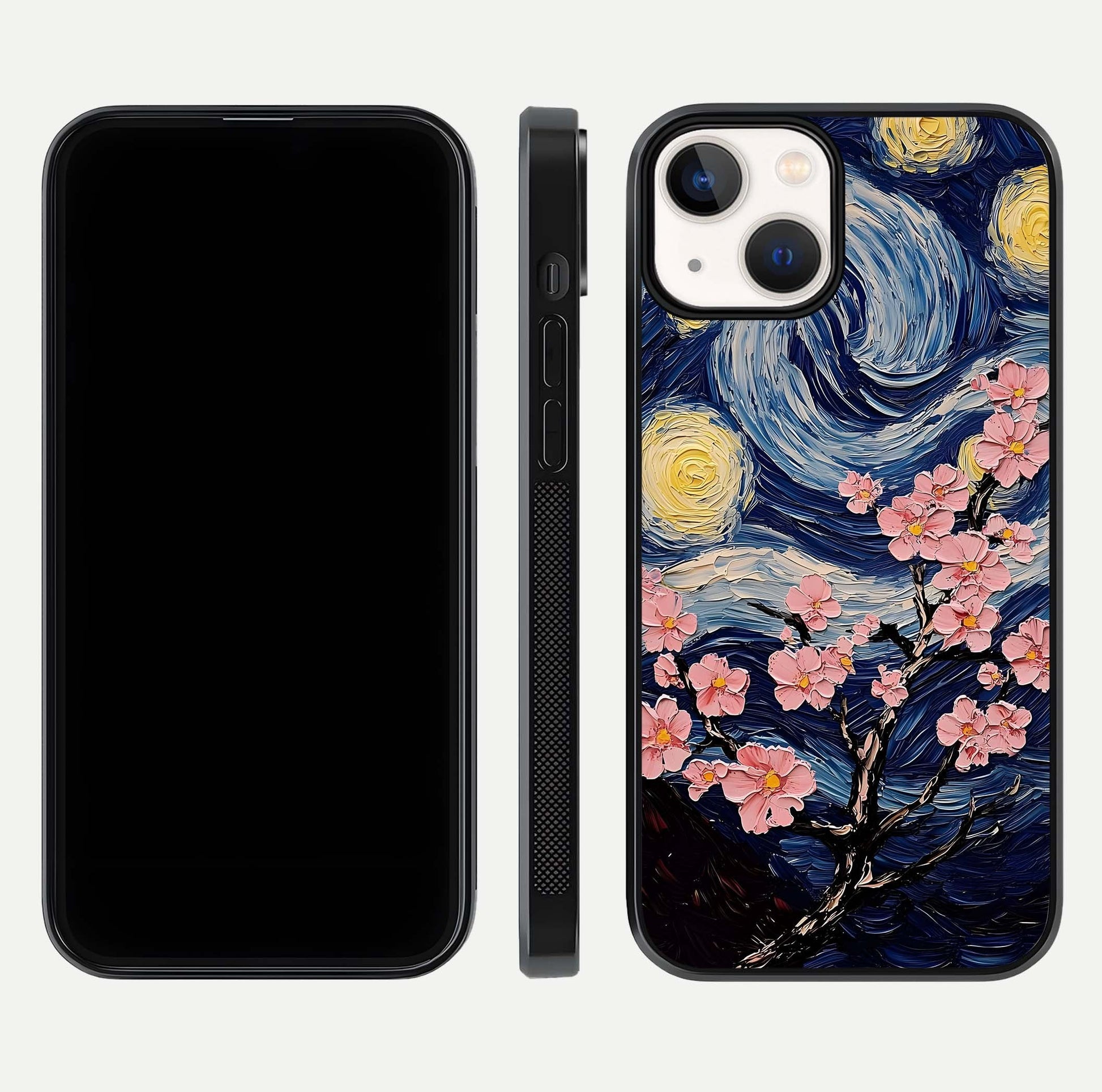 Van Gogh Scenery Glass Case for iPhone 13 Mini front & back layout showing vibrant tones and detailed design