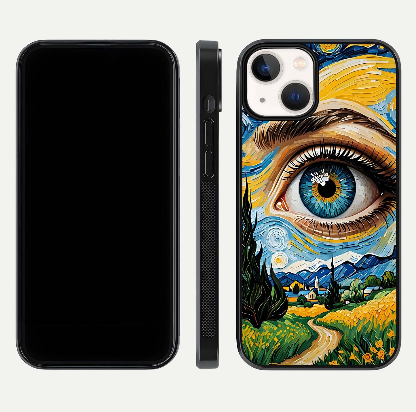 Van Gogh Eye Glass Case for iPhone 13 Mini front & back layout showing brushstroke detail and smooth finish