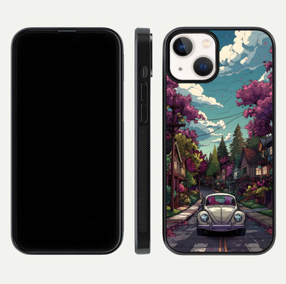 Vintage Street Drive Glass Case for iPhone 13 Mini front & back layout showing retro street scene and edges
