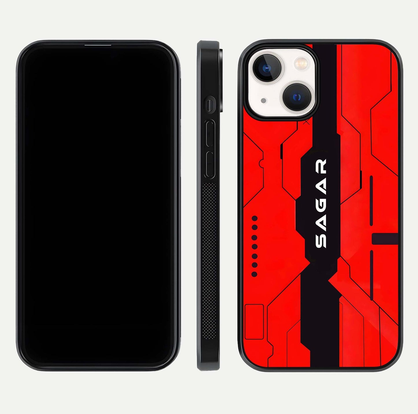 Voltage Rise CYBERPUNK Custom Name Glass Case for iPhone 13 Mini front & back layout showing futuristic tones and sleek edge