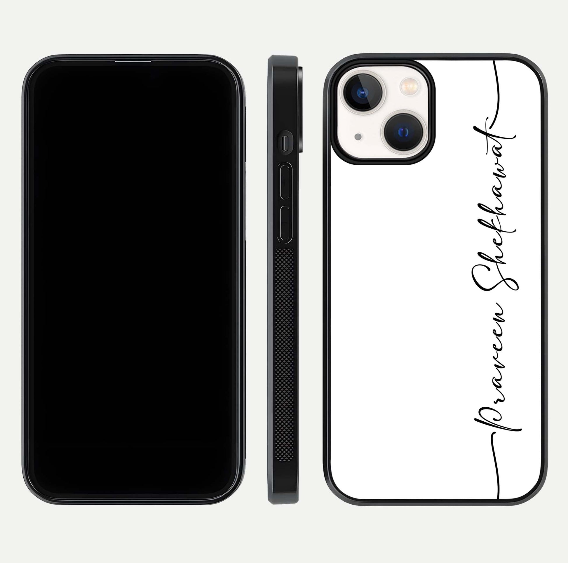 White Tune Custom Name Glass Case for iPhone 13 Mini front & back layout showing clean design and text placement