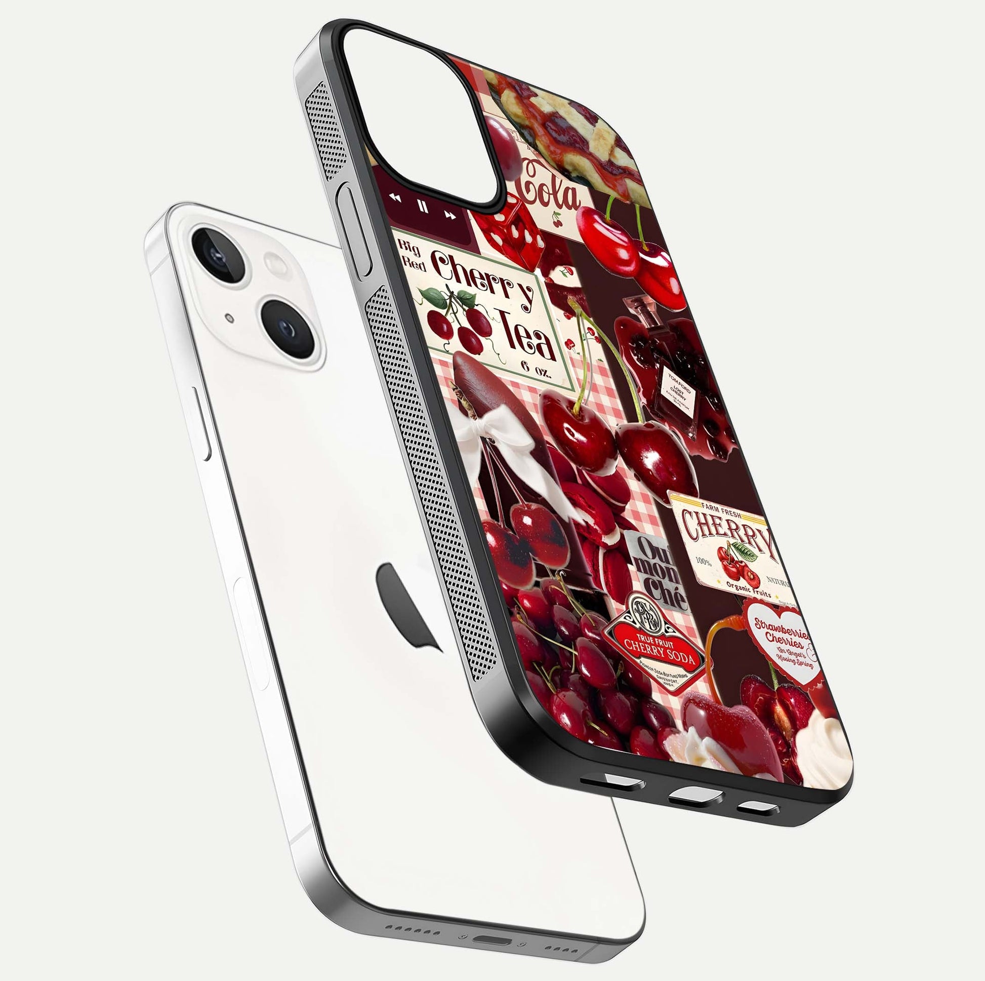 Aesthetic Cherry Tea Glass Case for iPhone 16 Pro floating dual-view mockup showing edge design and detailed cherry pattern gloss texture
