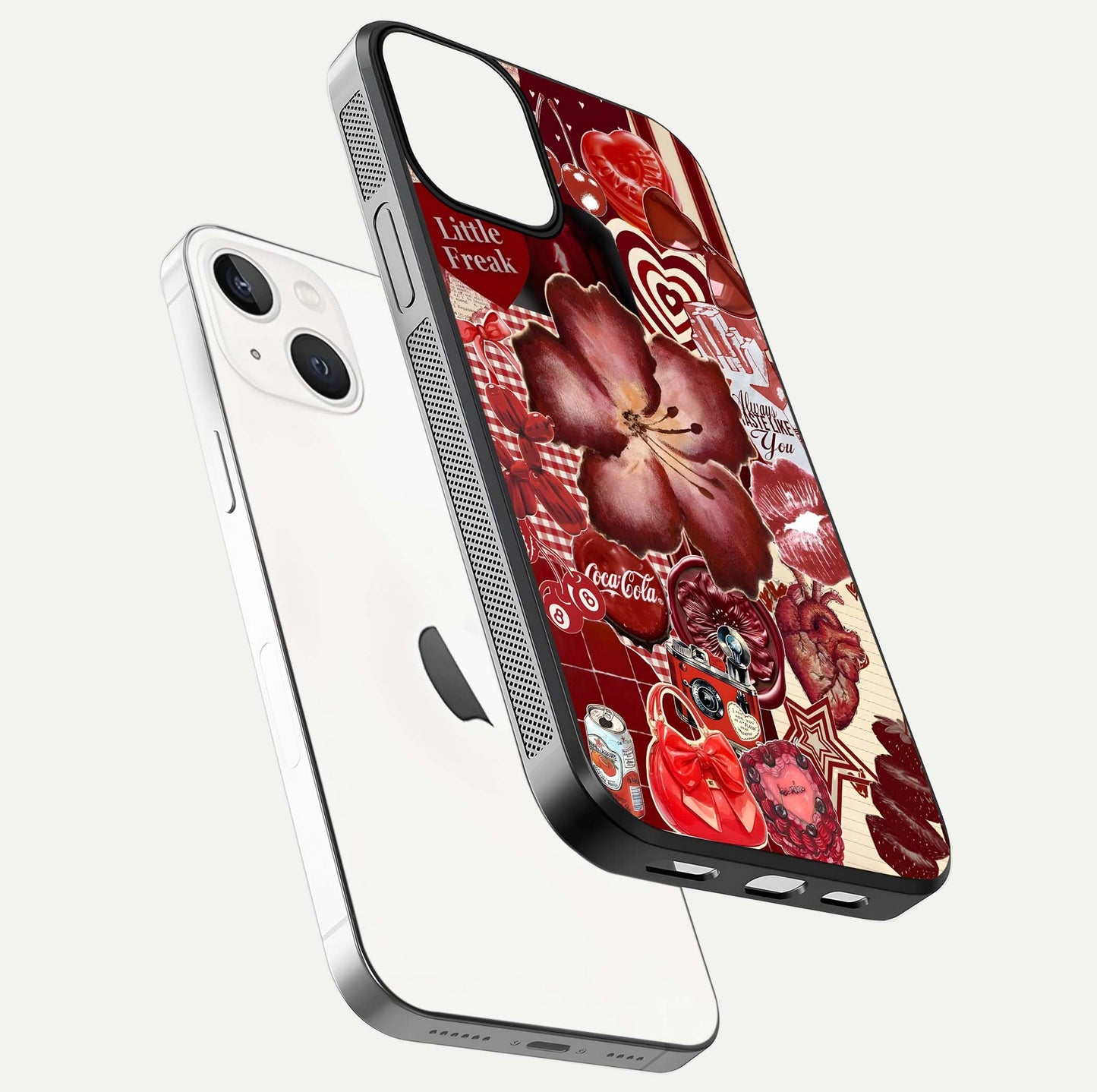 Aesthetic Little Freak Glass Case for iPhone 16 Pro floating dual-view mockup showing edge design and detailed collage gloss texture