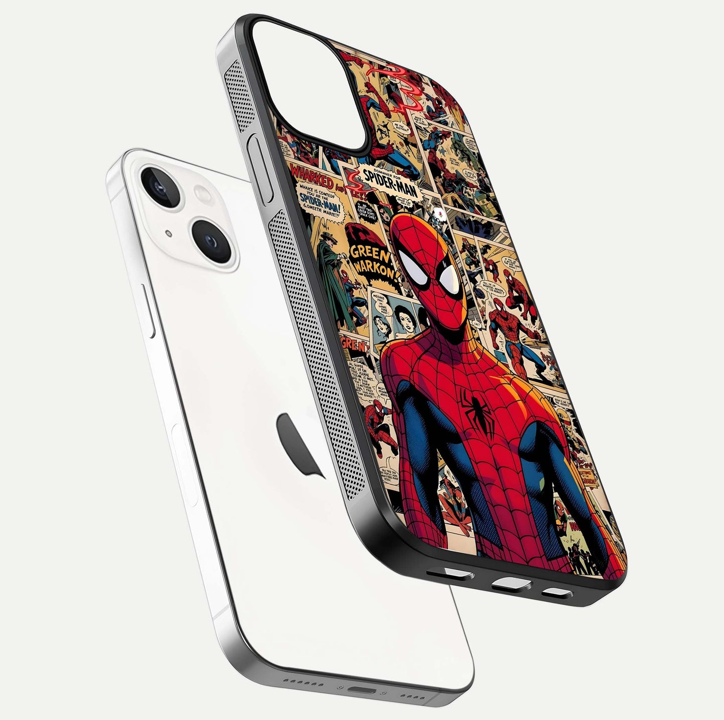 Aesthetic Spider Man Glass Case for iPhone 16 Pro floating dual-view mockup showing edge design and detailed Spider-Man gloss texture