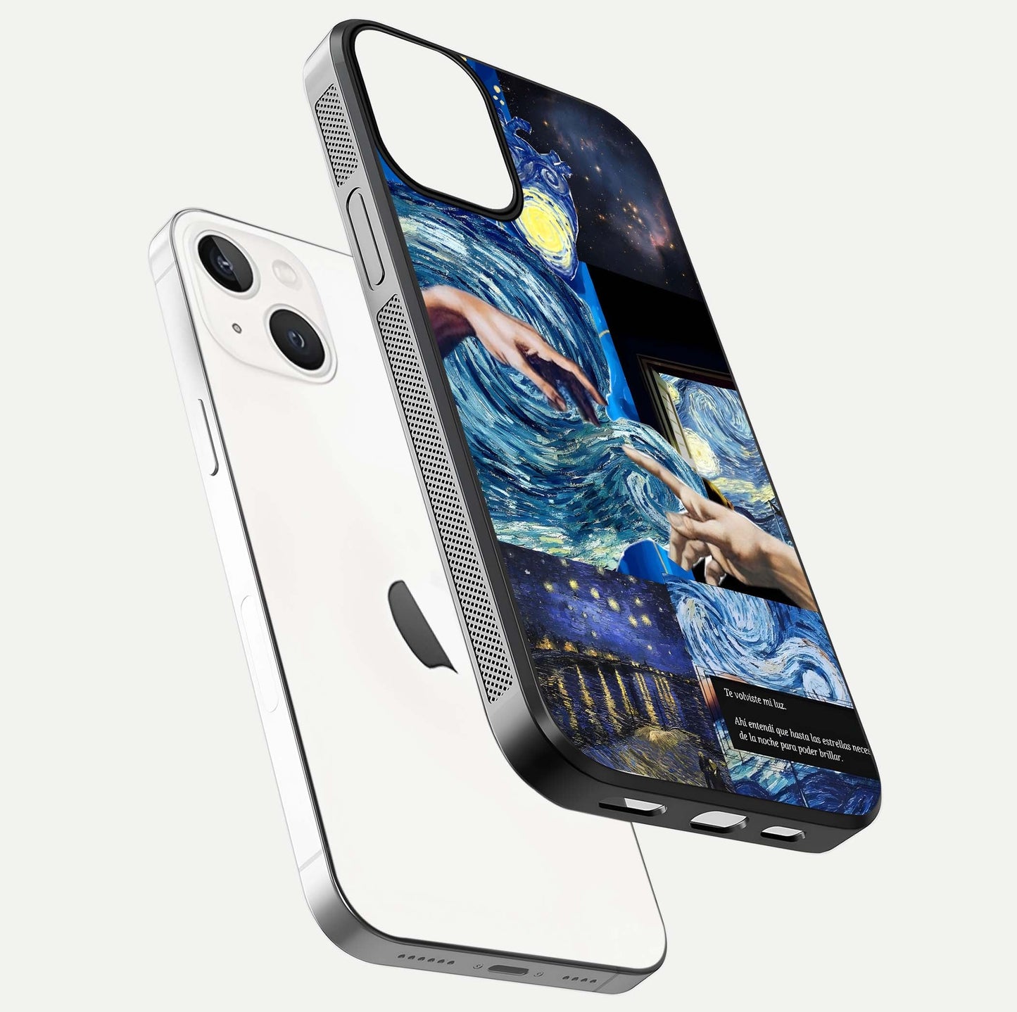 Aesthetic Vando Hands Glass Case for iPhone 16 Pro floating dual-view mockup showing slim edge profile and high-definition gloss