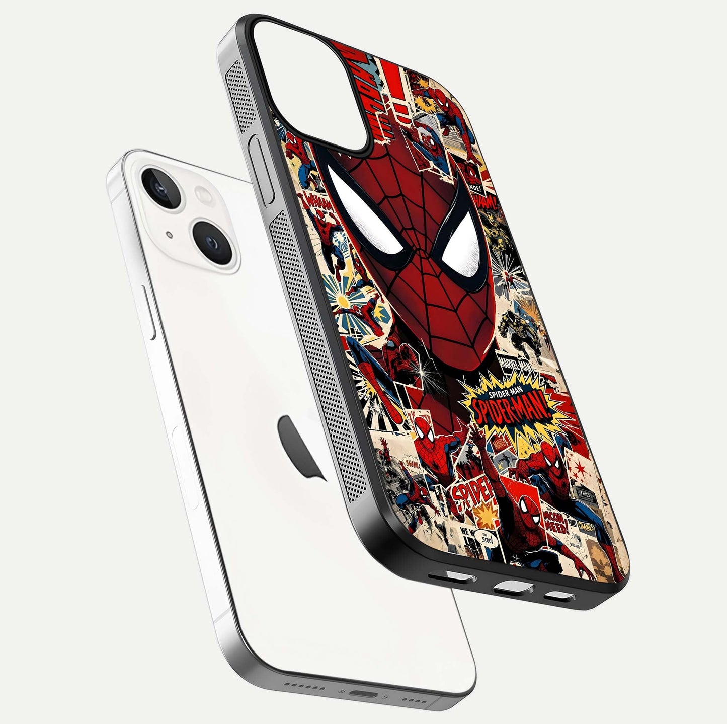 Aesthetic Wonder Spider Glass Case for iPhone 16 Pro floating mockup emphasizing superhero art and glossy reflection