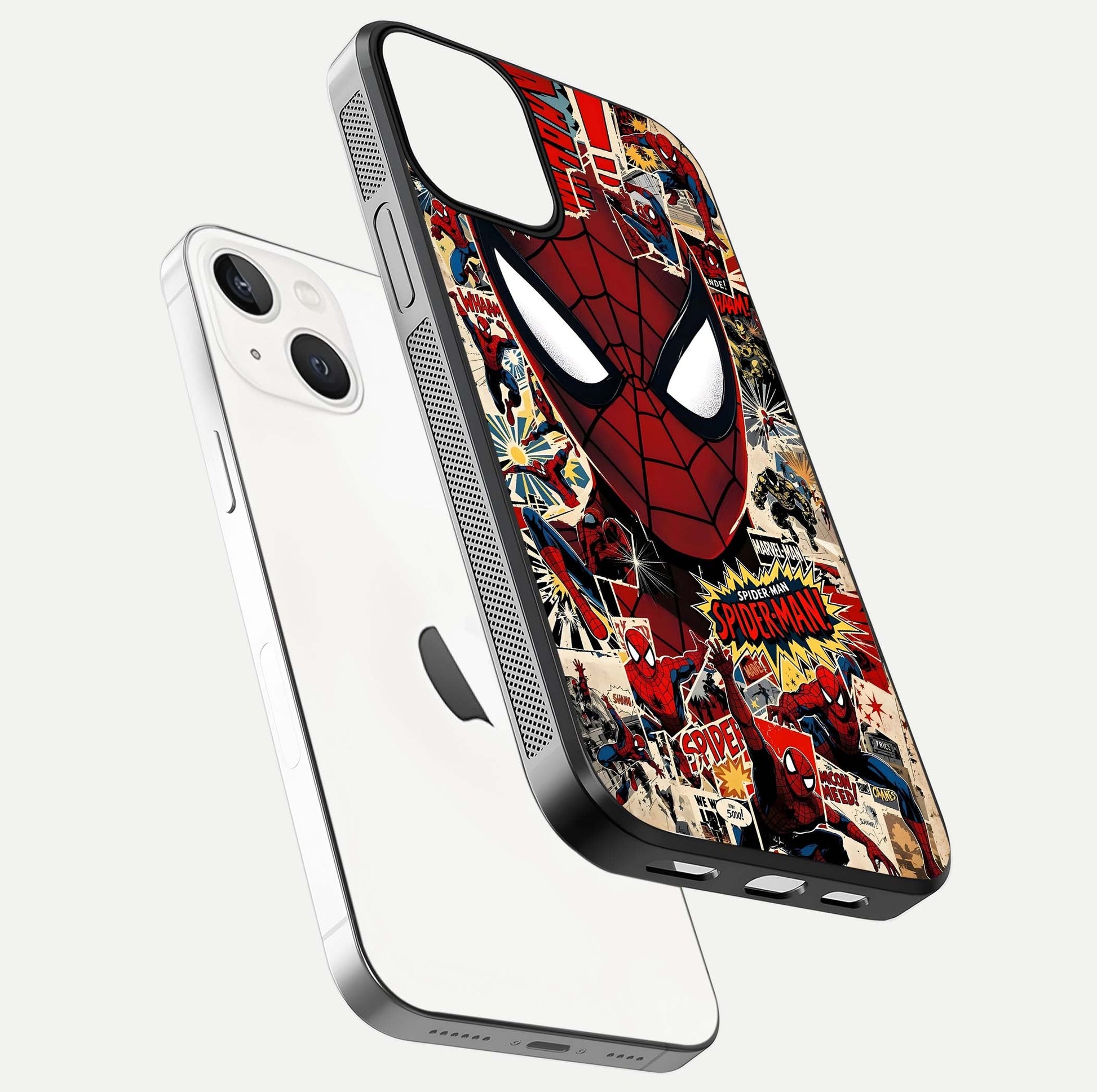 Aesthetic Wonder Spider Glass Case for iPhone 16 Pro floating mockup emphasizing superhero art and glossy reflection