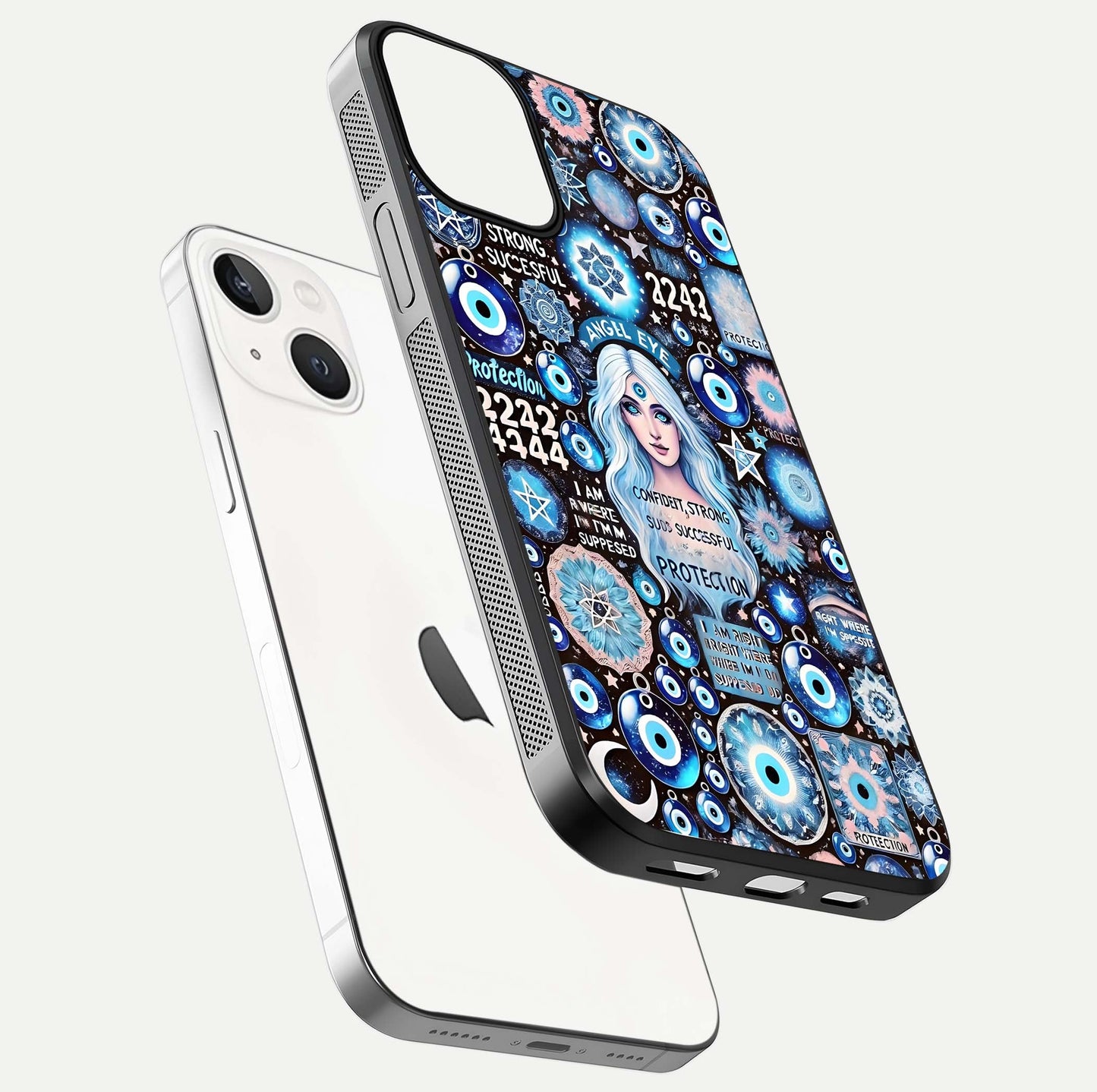 Angel Aura Shield Glass Case for iPhone 16 Pro floating angle showing light reflection and protective edge structure