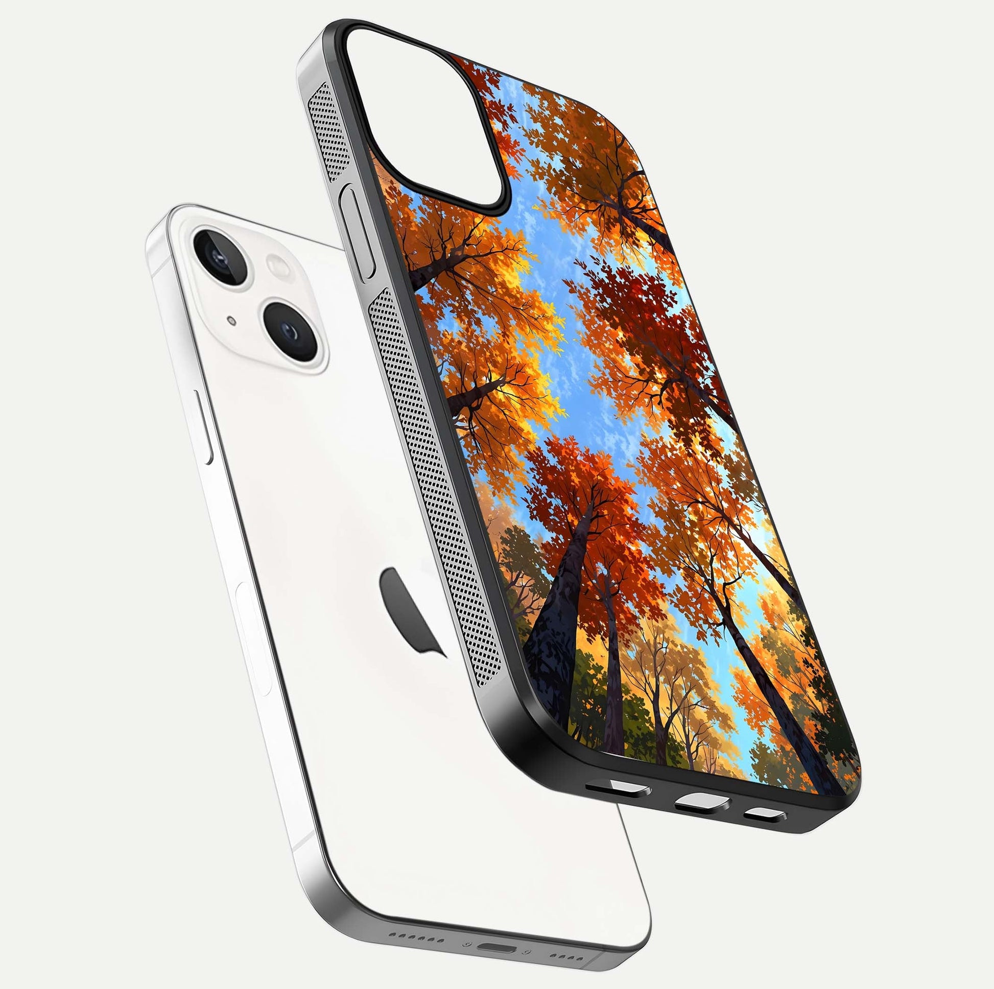 Autumn Sky Rise Glass Case for iPhone 16 Pro floating dual-view mockup with sky horizon and glossy highlights
