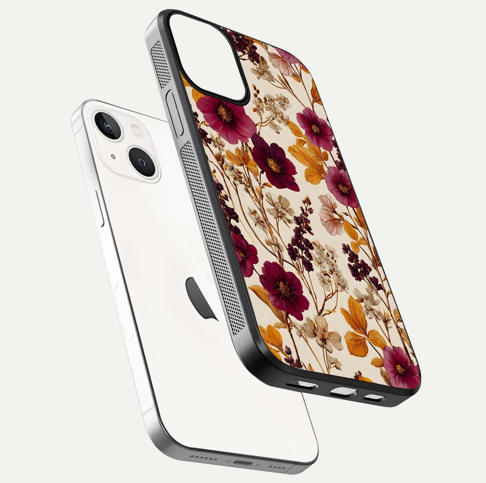 Autumn Wine Bloom Glass Case for iPhone 16 Pro floating mockup with premium floral gradient and protection edge