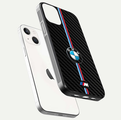 BMW Pattern Glass Case for iPhone 13 Mini floating mockup highlighting clean lines and metallic accent reflection