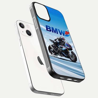 BMW Power Drift Glass Case for iPhone 13 Mini floating mockup displaying bold drift artwork and glossy polish