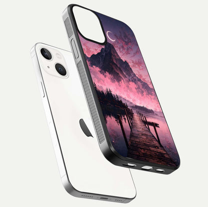 Beautyful Mountain View Glass Case for iPhone 16 Pro floating dual mockup showing edges and reflective sky print