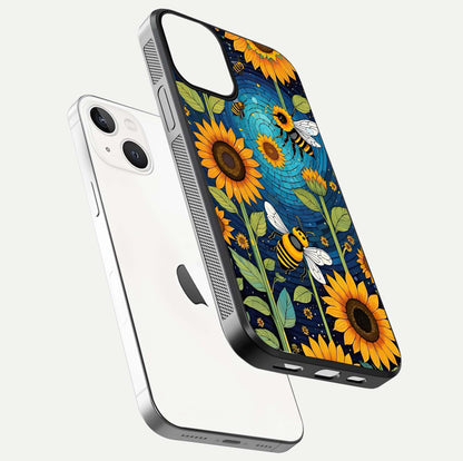 Bees & Sunflowers Glass Case for iPhone 16 Pro floating dual-view mockup displaying vibrant yellow tones and gloss texture