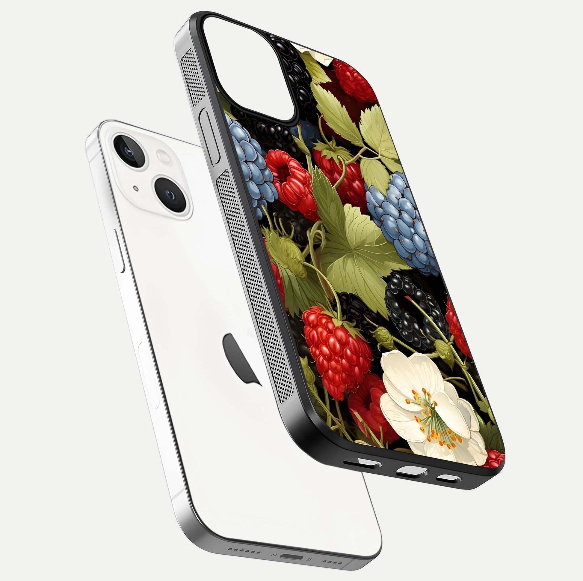 Berry Bloom Charm Glass Case for iPhone 16 Pro floating mockup capturing glossy reflection and curved-edge finish