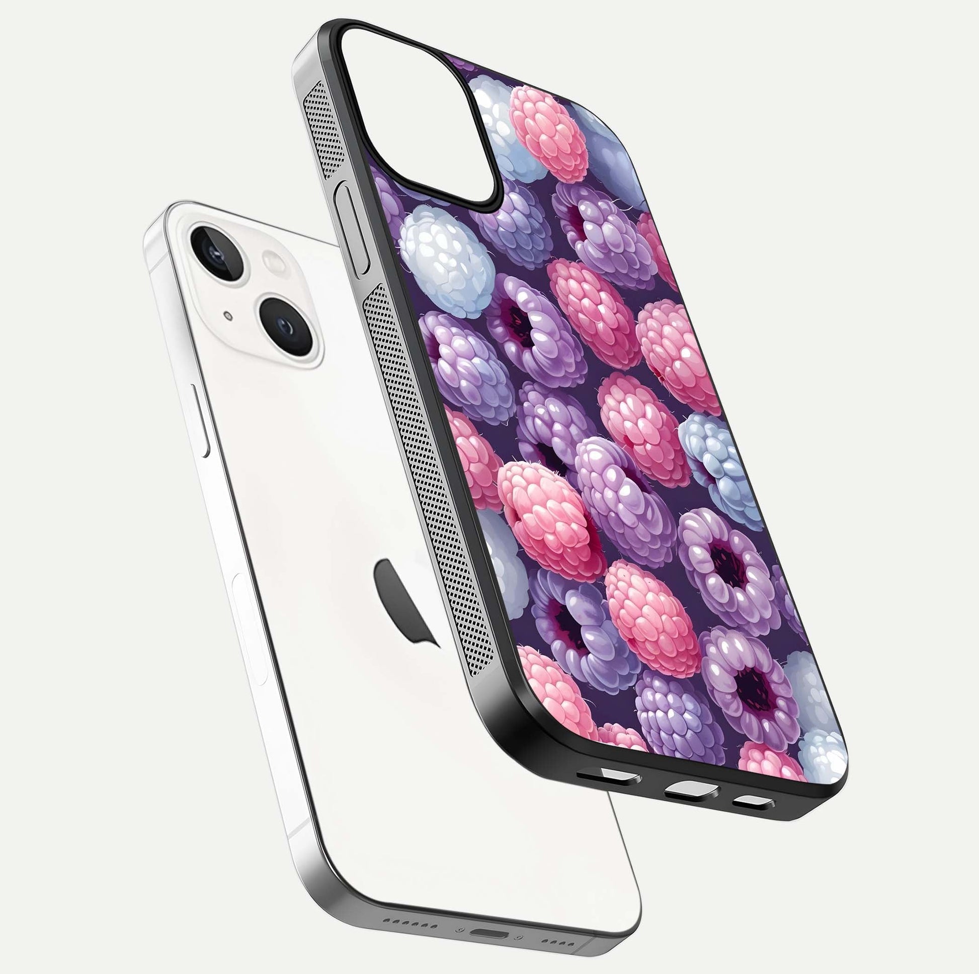 Berry Candy Pop Glass Case for iPhone 13 Mini floating dual-view mockup highlighting gloss shine and curved edges