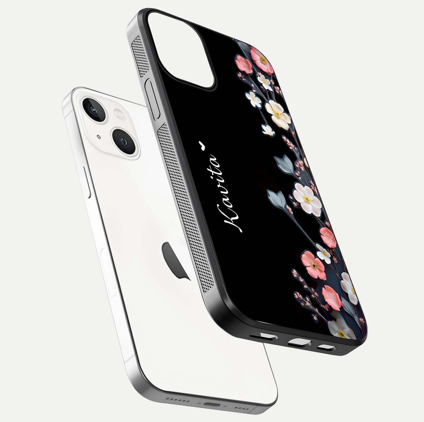 Black Elegance Floral Custom Name Glass Case for iPhone 13 Mini floating mockup emphasizing premium shine and floral art