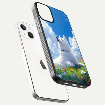 Blissful Cloud Pup Glass Case for iPhone 16 Pro floating mockup capturing playful aesthetic and gloss finish