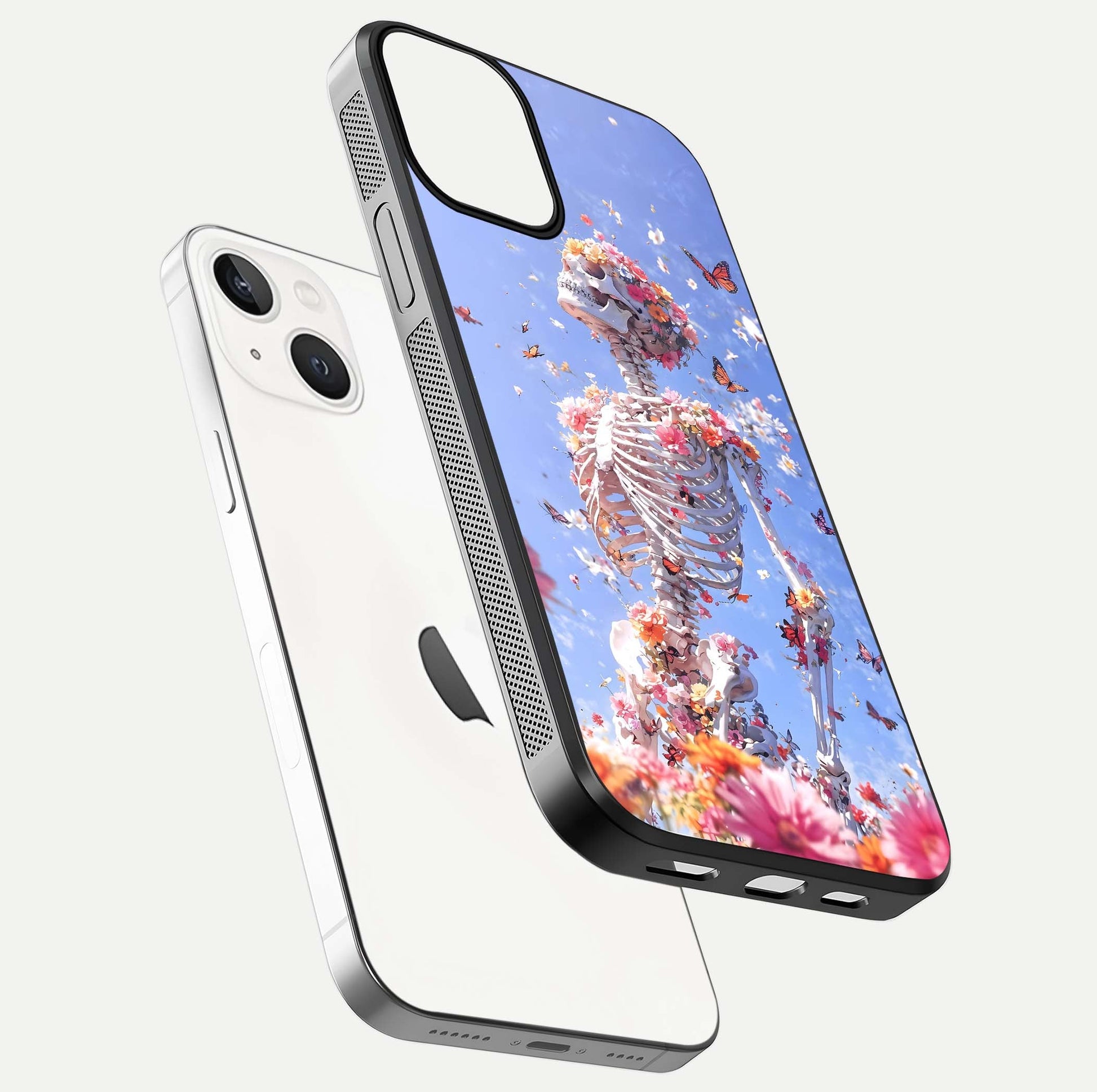 Bloom Beyond Bones Glass Case for iPhone 16 Pro floating mockup displaying shine, texture, and gloss detail
