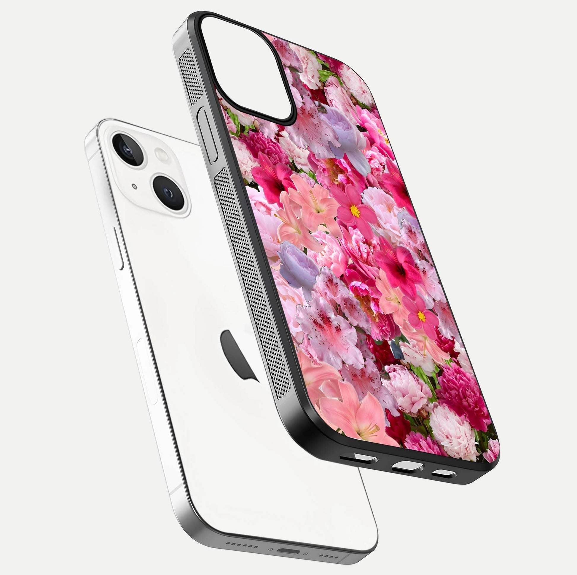 Bloom Crush Fantasy Glass Case for iPhone 13 Mini floating mockup showing floral pattern clarity and HD glass