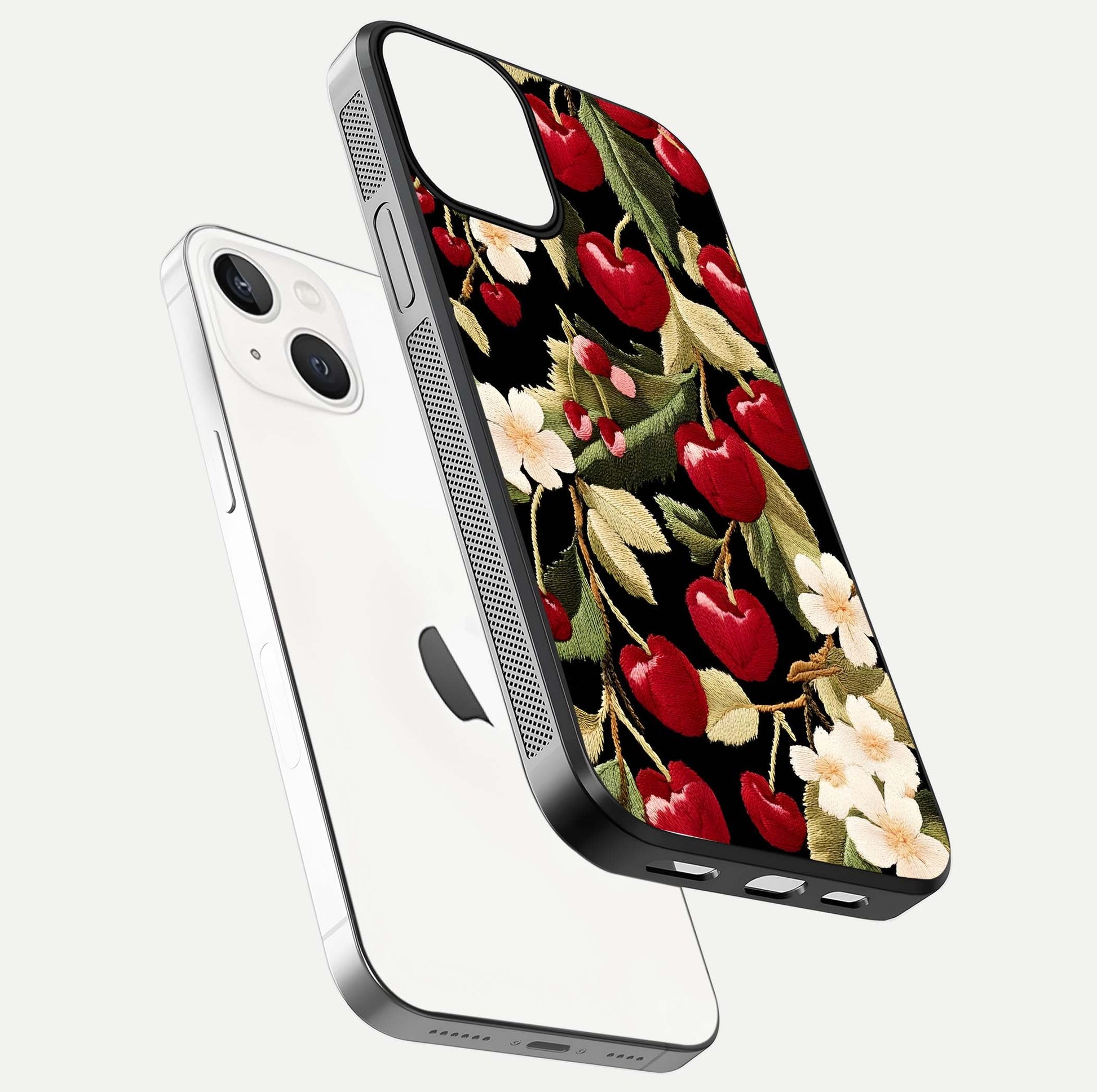 Bloom Thread Art Glass Case for iPhone 13 Mini floating mockup showing premium reflection and stitched art vibe