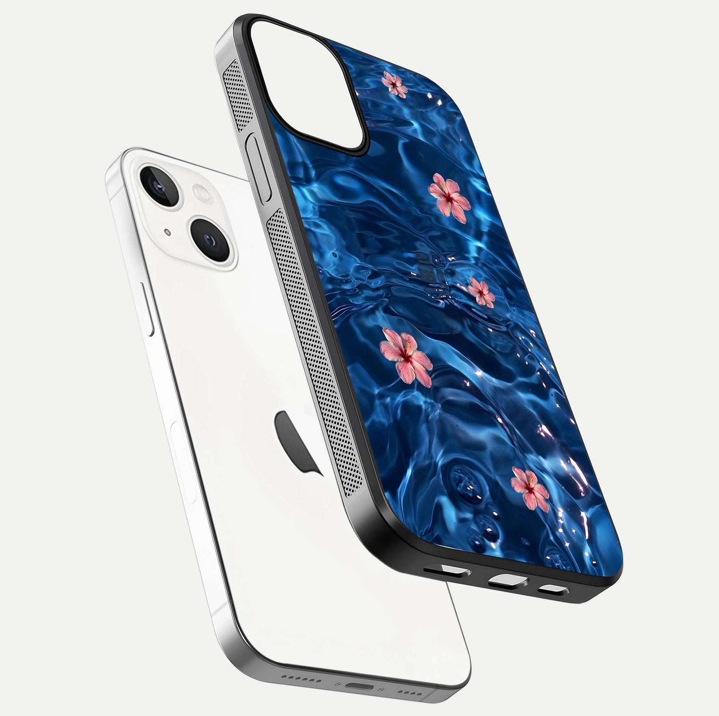 Blooming Water Drift Glass Case for iPhone 13 Mini floating dual-view mockup showing floral drift pattern and reflective surface