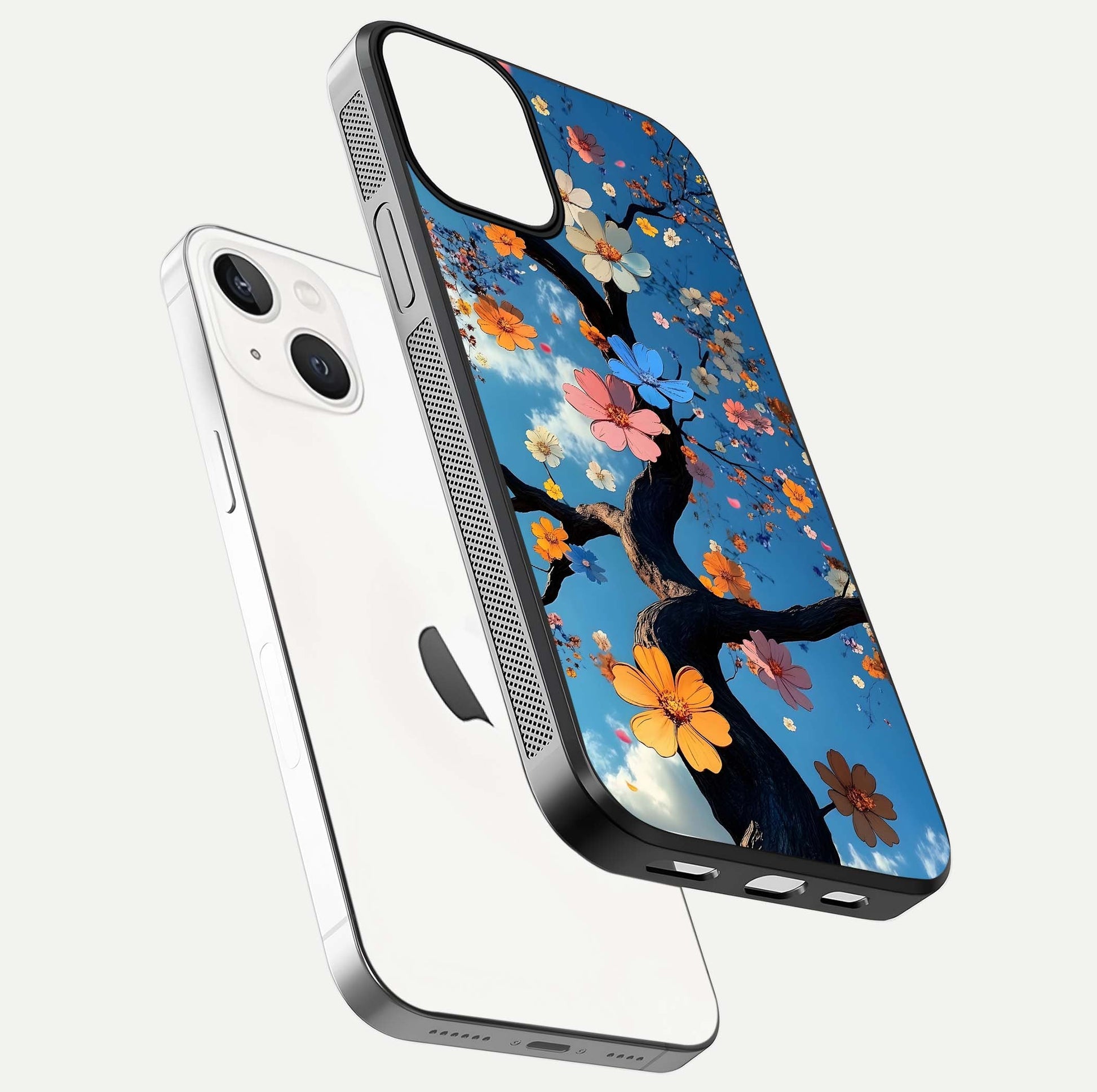Blossom Dream Sky Glass Case for iPhone 13 Mini floating dual-mockup displaying smooth finish and elegant sky tones