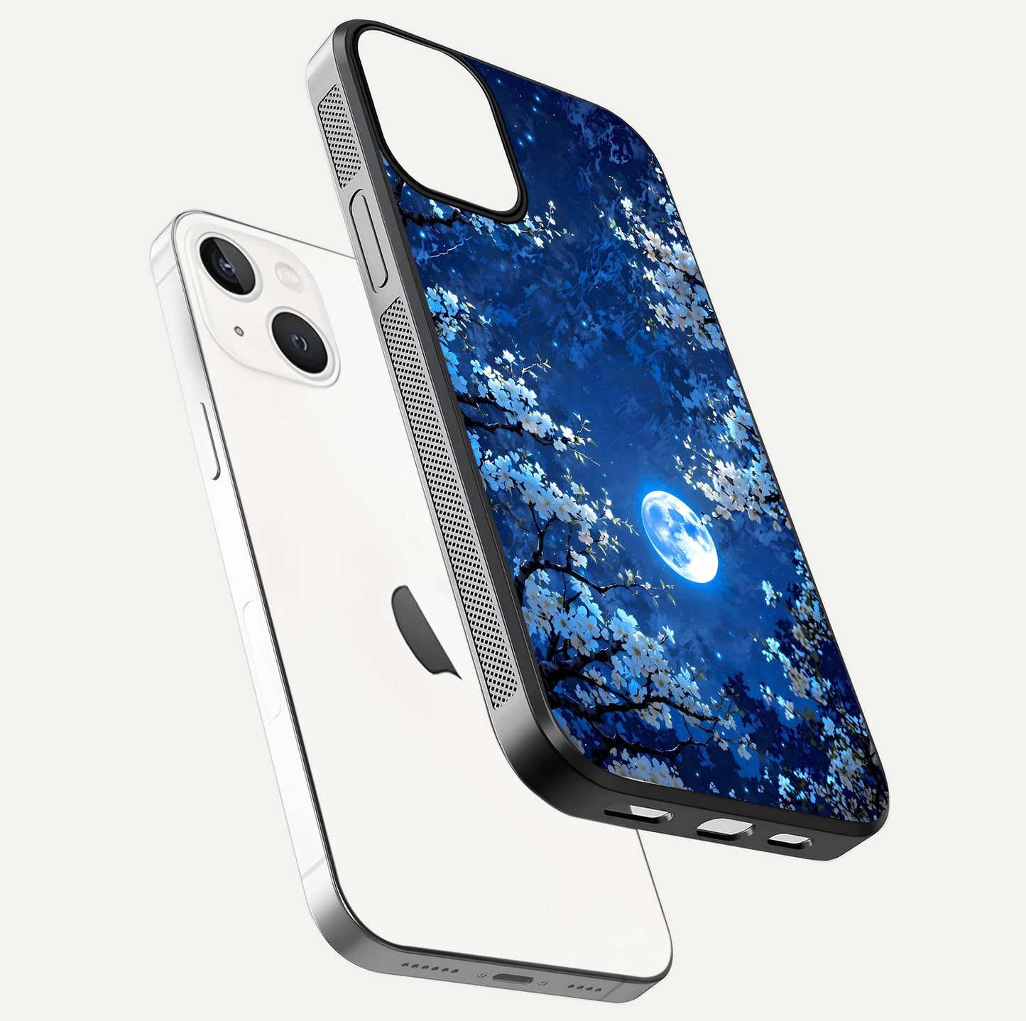 Blossom Moonlight Sky Glass Case for iPhone 13 Mini floating mockup showing glowing moon accent and HD gloss texture