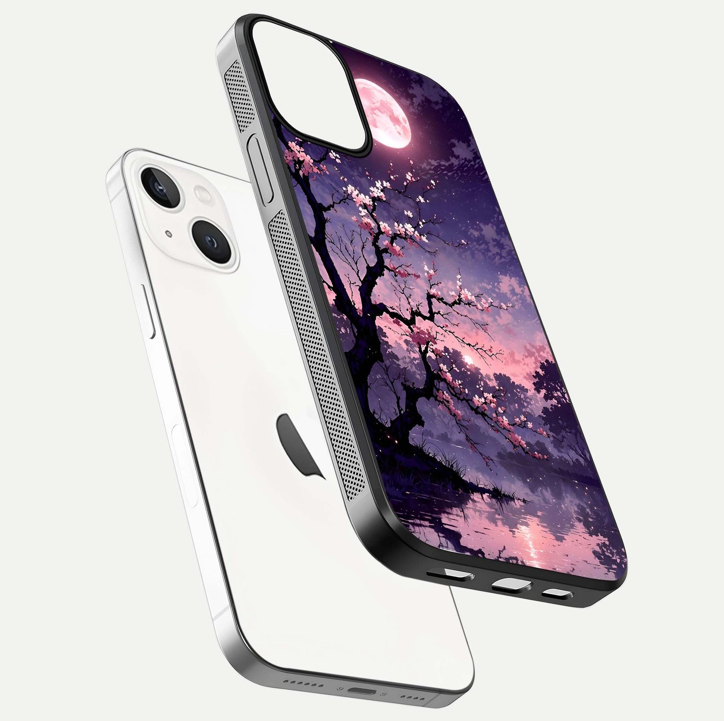 Blossom Pink Moon Glass Case for iPhone 13 Mini floating mockup emphasizing dreamy pink moon aura and smooth finish