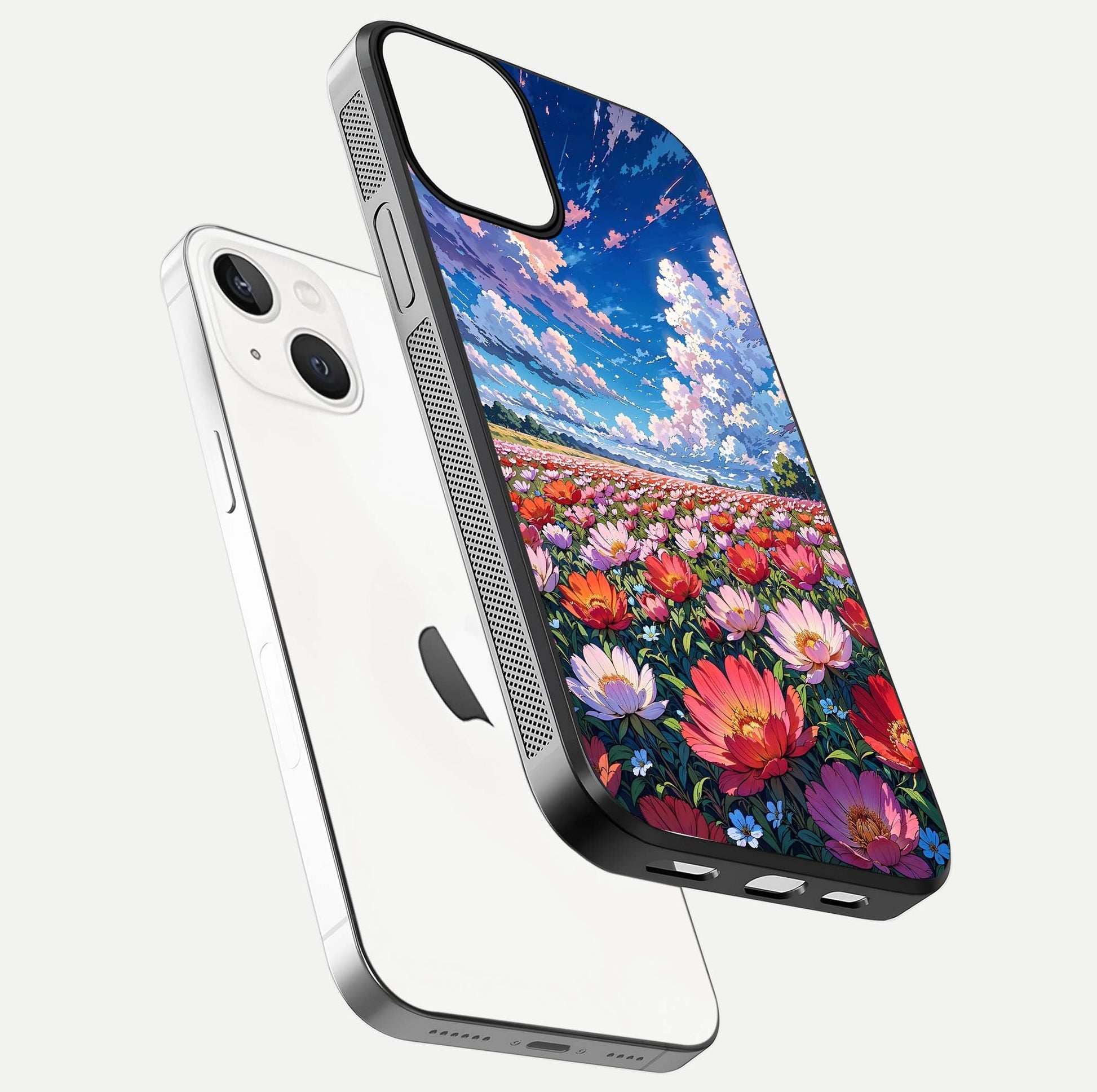 Blossom Sky Field Glass Case for iPhone 13 Mini floating mockup displaying sky bloom concept with smooth finish