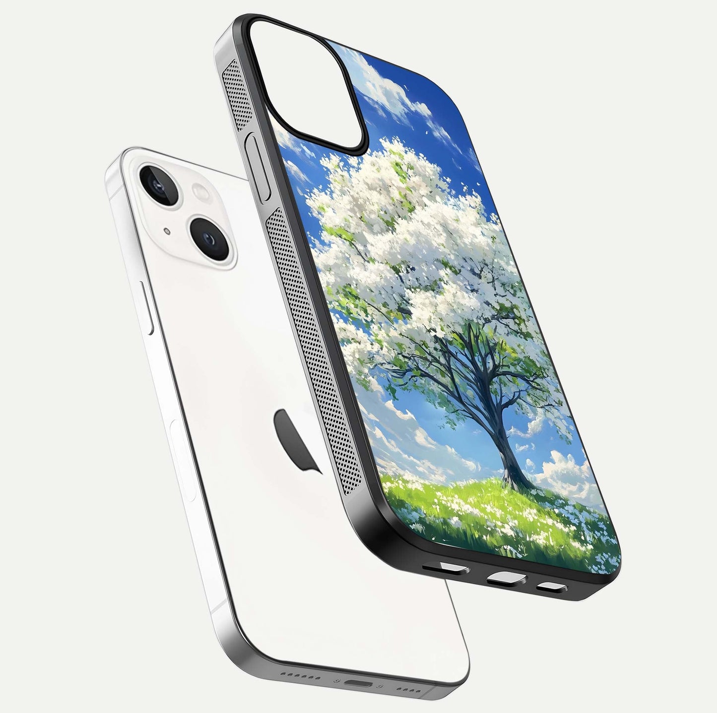 Blossom Sky Serenity Glass Case for iPhone 13 Mini floating mockup capturing gloss surface and tranquil design