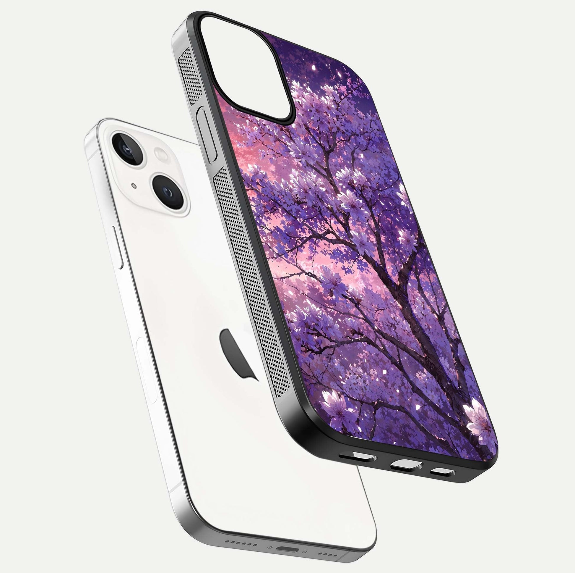 Blossom Tree Glass Case for iPhone 13 Mini floating dual-mockup displaying texture detail and curved edges
