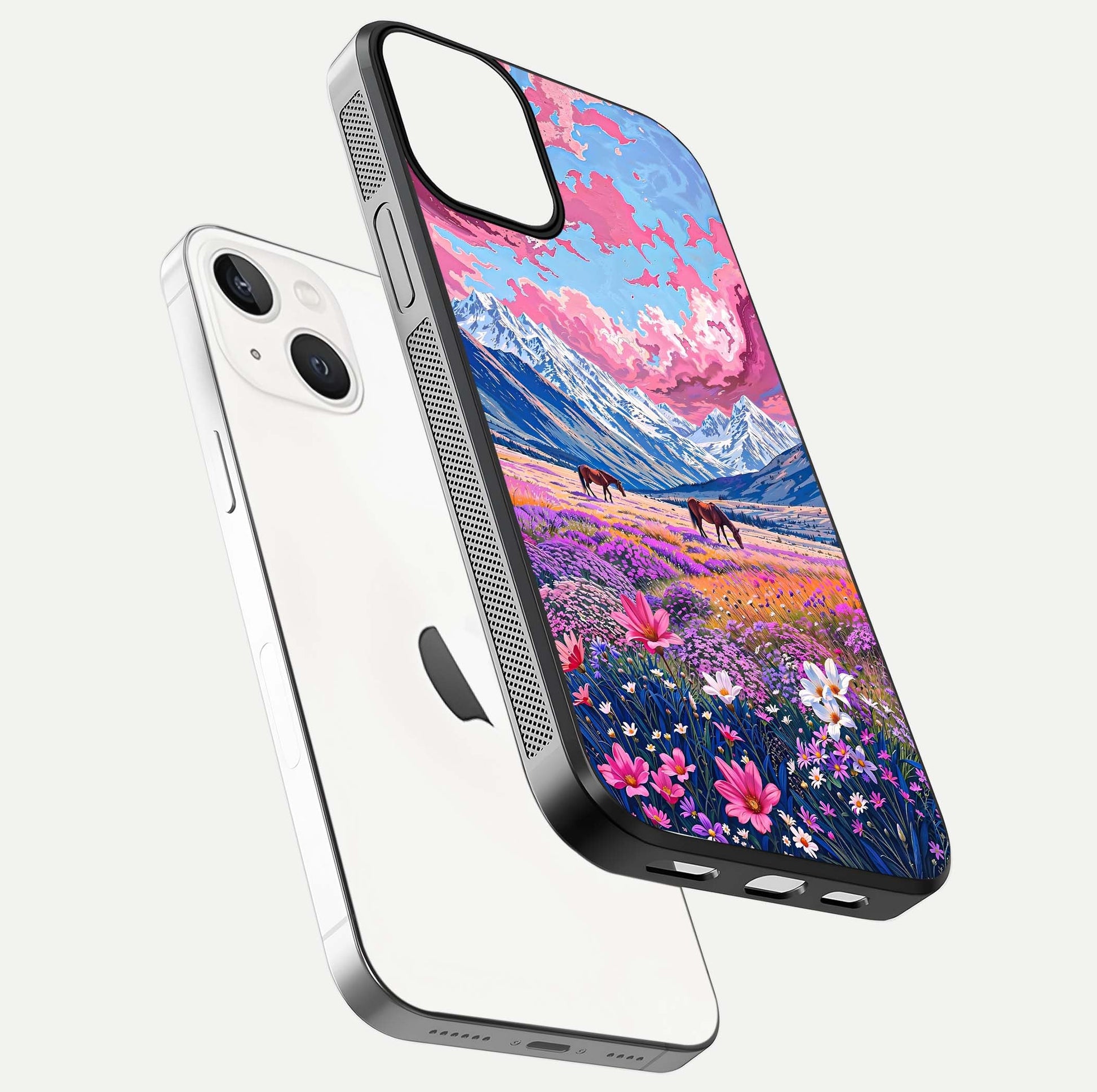 Blossom Valley Dream Glass Case for iPhone 13 Mini floating mockup showing floral valley blend and reflective surface