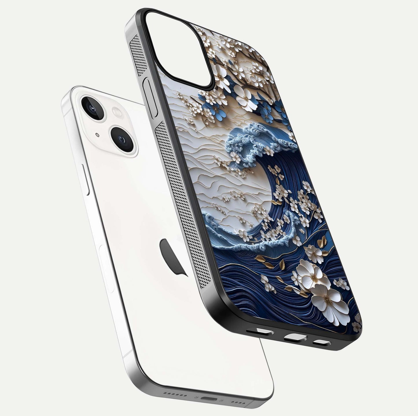 Blossom Wave Art Glass Case for iPhone 13 Mini floating mockup displaying pattern details and reflective shine