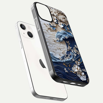 Blossom Wave Art Glass Case for iPhone 13 Mini floating mockup displaying pattern details and reflective shine