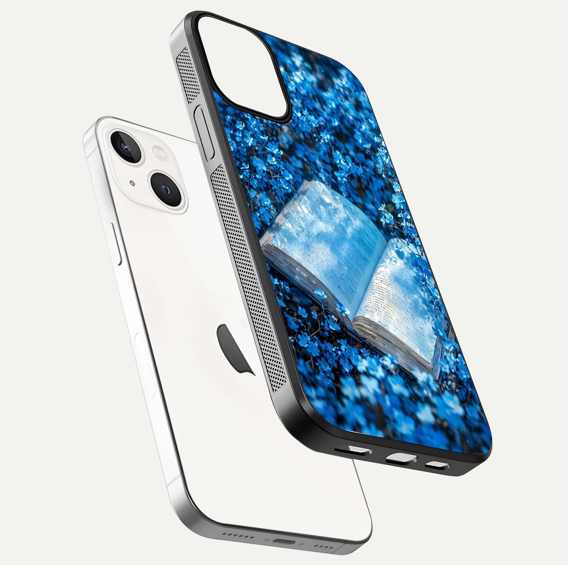 Blue Bloom Tales Glass Case for iPhone 13 Mini floating mockup showing detailed bloom and reflective surface