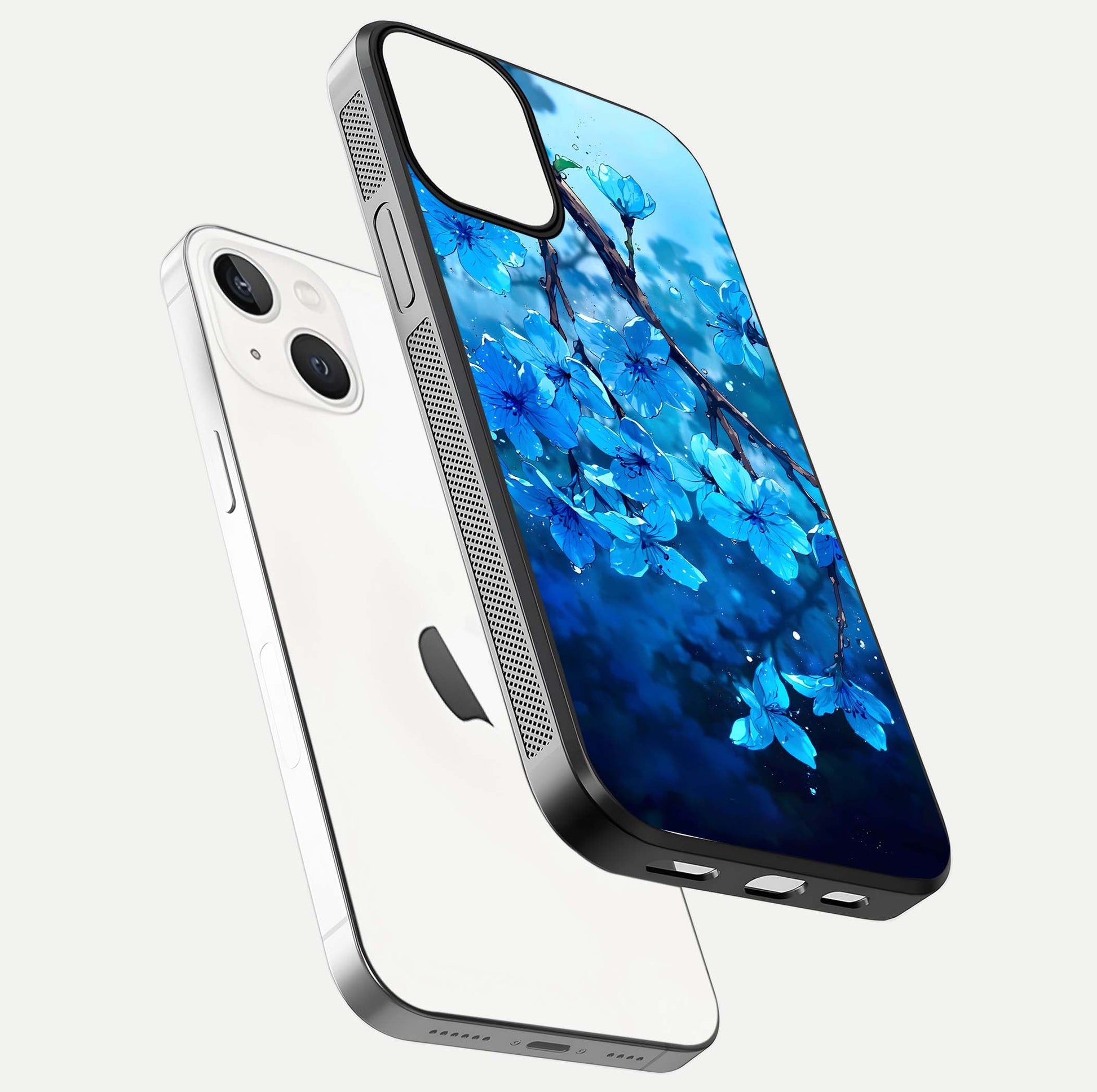 Blue Blossoms Branch Glass Case for iPhone 13 Mini floating mockup showing shine, curved edges, and branch detailing